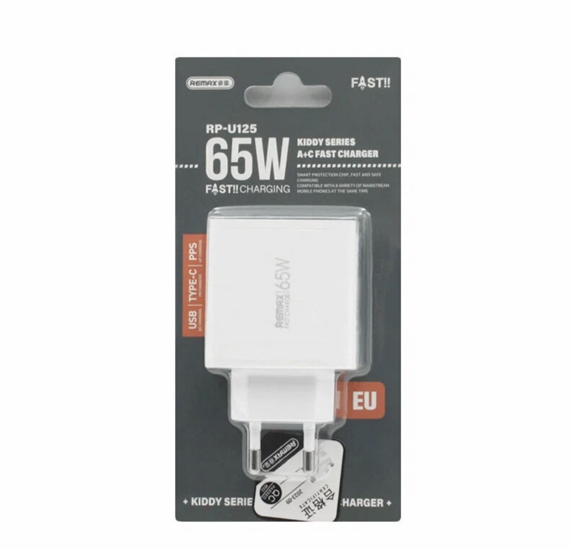 СЗУ (блок) USB C+A Remax RP-U125 Fast Charger 65W (Белый)