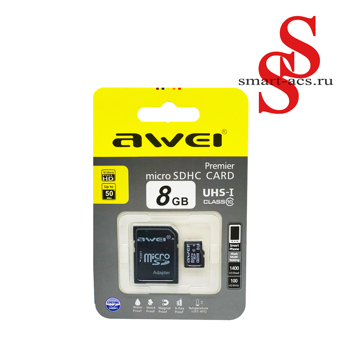 Карта памяти microSD 8Gb AWEI class 10 (SD adaptor)