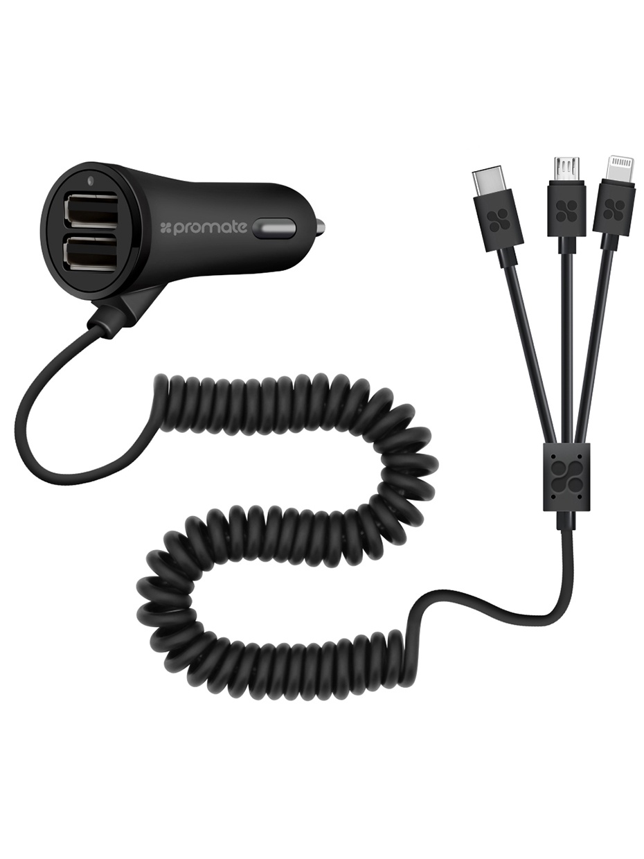 АЗУ 2USB + кабель Lightning+Type-C+Micro Promate Charger-Trio 3.4A (Черный)